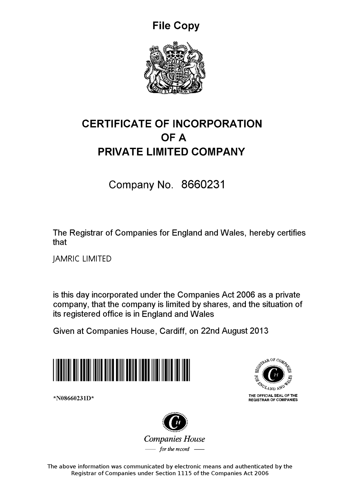 Certificate of incorporation of a private limited company — JAMRIC LIMITED, Companies House